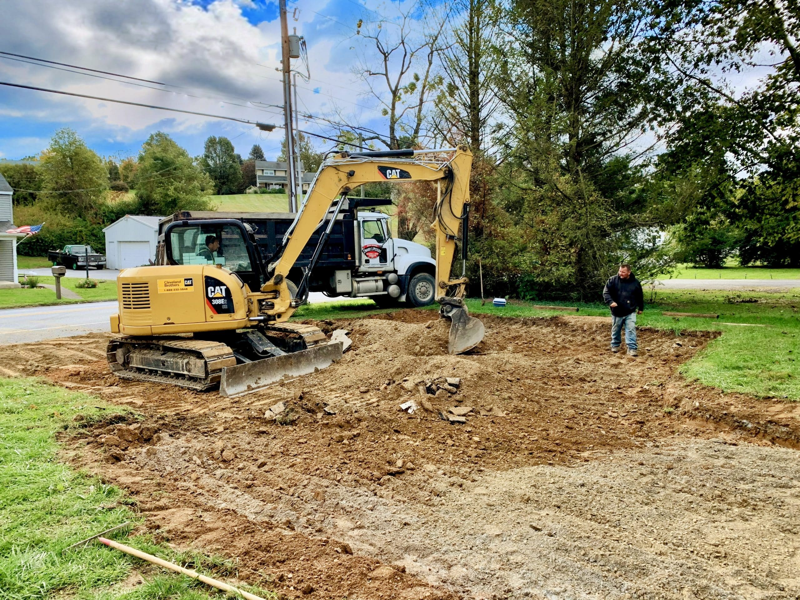 A construction site with a yellow excavator on dug-up soil. A worker stands nearby. In the background, there's a white truck and residential buildings, with trees and a partly cloudy sky.